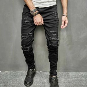 Heren jeans heren gaten patch skinny stretch potlood jeans broek hoge strt stijlvolle hiphop mannelijke gescheurde slanke denim broek y240507