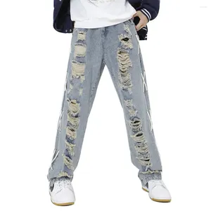 Jeans pour hommes hommes trous déchirés en détresse denim streetwear pantalon à lacets en vrac vintage rétro bleu pantalon non extensible