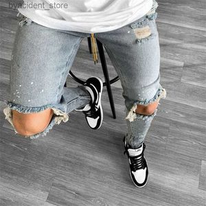 Jeans voor heren Jeans voor heren Kniegat gescheurde stretch skinny denim broek Effen kleur Zwart Blauw Herfst Zomer Hiphop-stijl Slim Fit broek 2022 LST230831 L240313