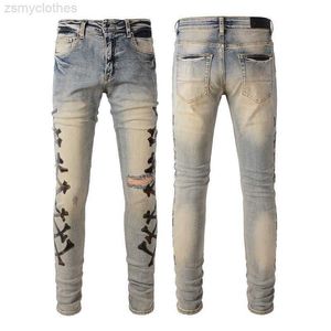 Heren jeans mannen jeans man skinny jeans designer broek rip slanke pasvorm met camouflage bot rand grijze biker denim rek motorfiets gat lang rechtdoor