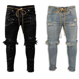 Heren jeans heren jeans stretch vernietigd gescheurd verfpunt ontwerp mode enkel rits zipper skinny jeans voor mannen 230325