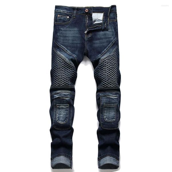 Jeans homme poches genoux motard Streetwear patch plissé bleu foncé Stretch Denim pantalon Slim pantalon droit