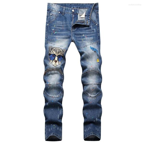 Jeans pour hommes hommes léopard broderie Denim décontracté fermeture éclair Patchwork Biker pantalon coloré peint pantalon