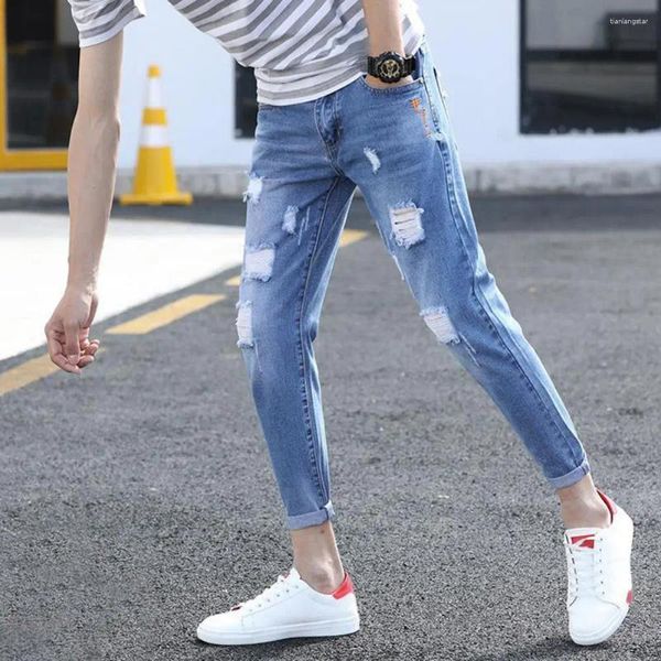 Jeans para hombres Hombres ligeros delgados estilo coreano fresco elegante agujeros rasgados lápiz masculino ropa diaria