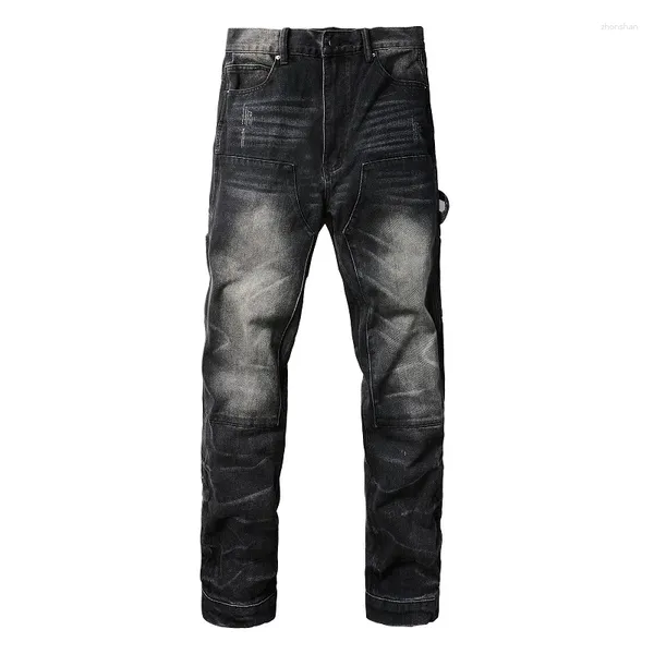 Jeans para hombres Hombres sueltos Denim Patch Bolsillos Pantalones de carga Streetwear Botones inferiores Pantalones rectos negros