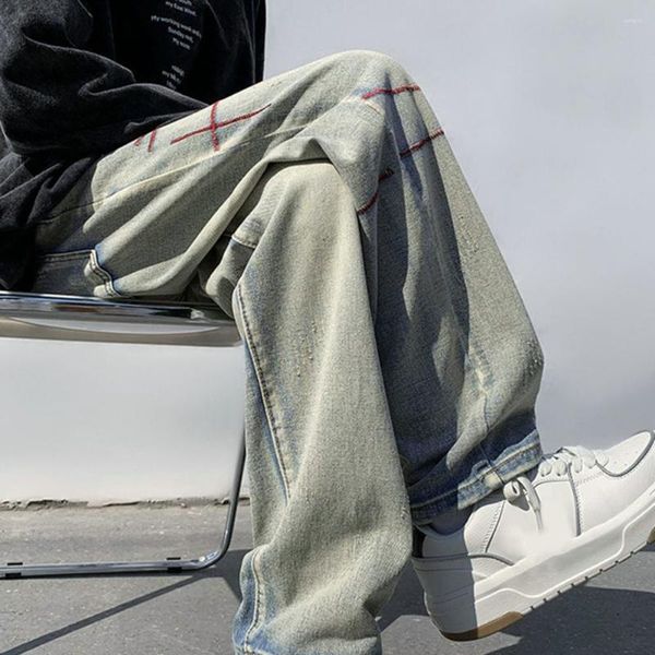 Jeans pour hommes hommes lâche jambe large avec entrejambe profond déchiré rayures streetwear poches pantalon en denim élégant pour le printemps automne