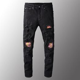 Hommes Jeans Hommes De Luxe Rose Bandana Patchwork Biker Noir Stretch Denim Trous Déchiré Maigre Pantalon Plus La Taille 40309q