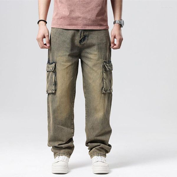 Jeans pour hommes hommes pantalons Cargo en Denim droit pour hommes Biker Baggy bleu ample avec poche latérale pantalon de Skate Hip Hop pour hommes Heat22