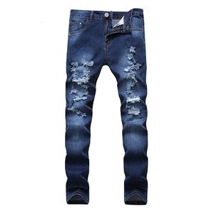 Jeans pour hommes Jeans multi-trous pour hommes hip hop casual marque haute qualité mode hommes usés stretch pantalon en denim slim foncé 230804