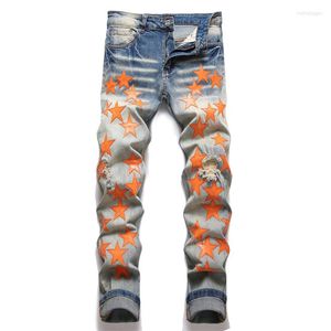 Heren jeans mannen oranje lederen patches stretch denim streetwear gaten gescheurde taps toelopende broek vintage bedroefde blauwe broek