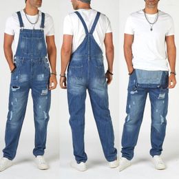 Heren jeans mannen overalls scheurde slabbetje casual dagelijkse denim jumpsuit zomer mannelijke jagering mode gat streetwear lange broek