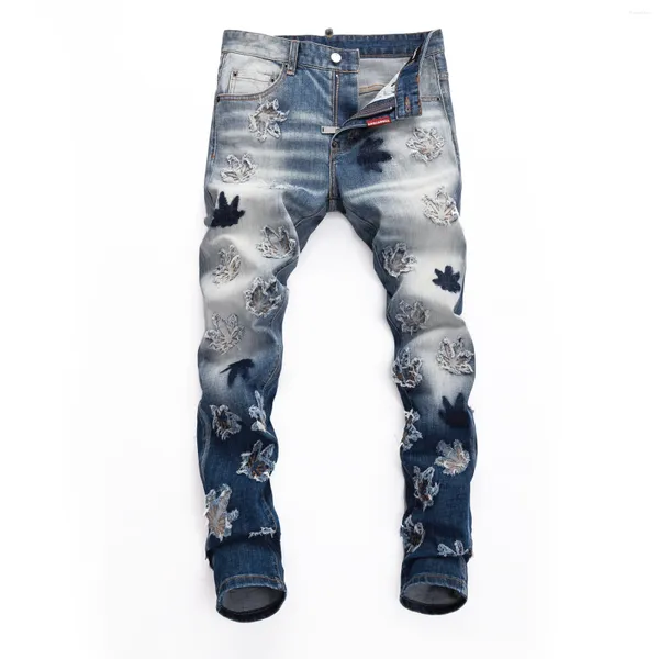 Jeans para hombres hombres pintados diseñador hip hop marca pantalones hombre moda streetwear retro azul elástico slim fit hoja rasgada