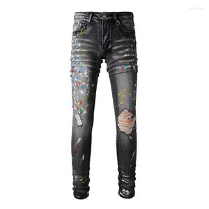 Heren jeans mannen geschilderde gaten gescheurd stretch denim streetwear magere taps toelopende broek verontruste grijze zwarte broek