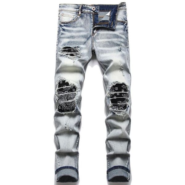 Jeans para hombres Hombres Paisley Bandana Imprimir Parche Streetwear Patchwork Agujeros Ripped Stretch Denim Pantalones Slim Straight Biker Pantalones Hombres