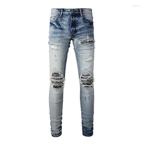 Jeans para hombres Hombres Paisley Bandana Imprimir Patch Streetwear High Stretch Denim Pantalones Agujeros Ripped Patchwork Flaco Pantalones cónicos