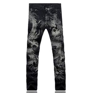 Jeans pour hommes pantalons pour hommes coupe ajustée mode imprimé Dragon mâle dessin coloré peint Denim élastique noir Cargo156F