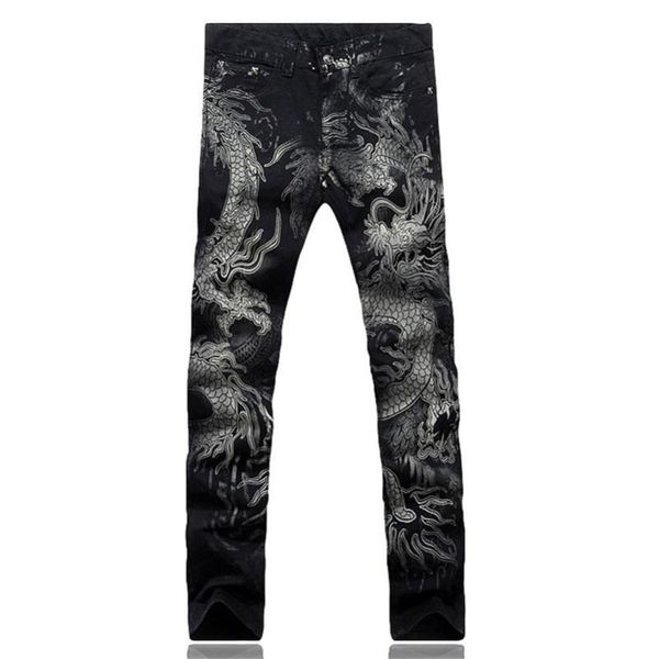 Jeans para hombres Hombres Pantalones Slim Fit Moda Dragón Impresión Masculino Dibujo Coloreado Pintado Denim Elástico Negro Cargo289O