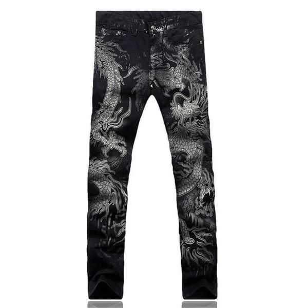 Jeans pour hommes Hommes Pantalons Slim Fit Mode Dragon Imprimer Mâle Dessin Coloré Peint Denim Élastique Noir Cargo293E