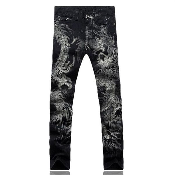 Jeans para hombres Hombres Pantalones Slim Fit Moda Dragón Impresión Masculino Dibujo Coloreado Pintado Denim Elástico Negro Cargo289q