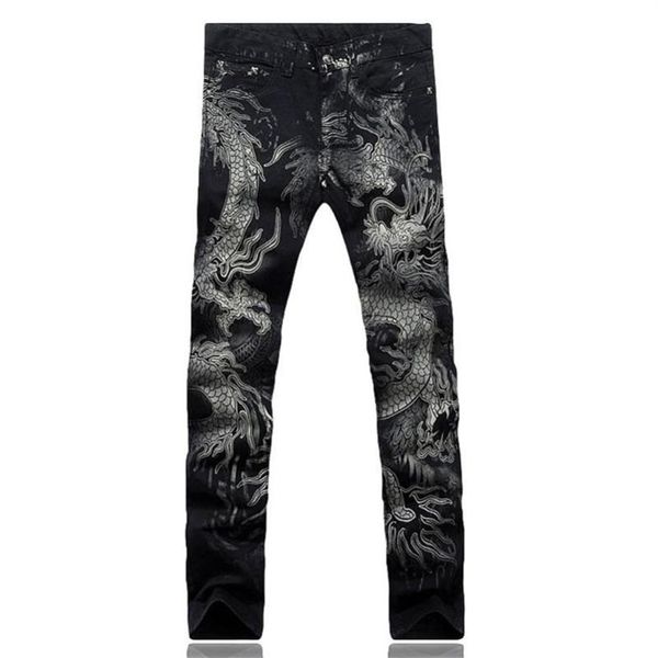 Pantalones vaqueros para hombre, pantalones ajustados a la moda con estampado de dragón para hombre, dibujo de color pintado, vaqueros elásticos negros Cargo269u