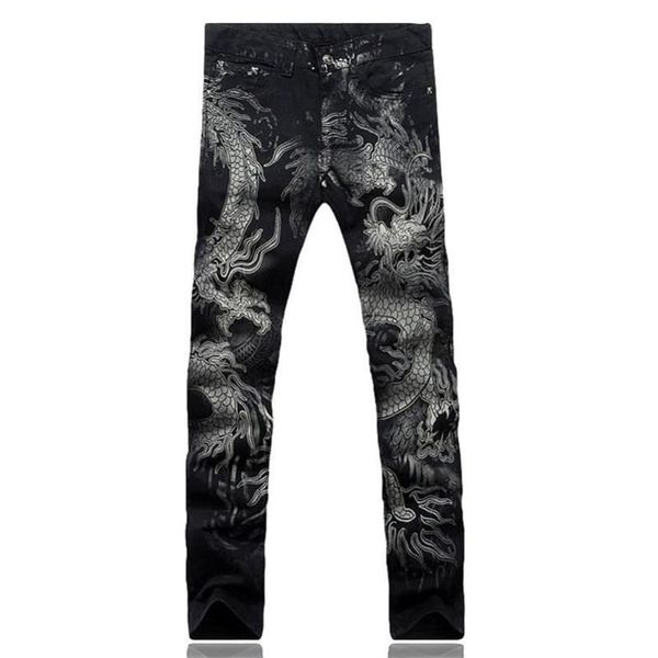 Jeans para hombres Pantalones para hombres Slim Fit Moda Dragón Estampado Masculino Dibujo coloreado Pintado Denim Elástico Negro Cargo1918