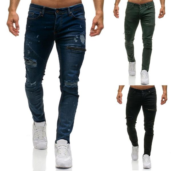 Pantalones vaqueros para hombre, pantalones largos ajustados con botones y bolsillos de tela vaquera con agujeros rasgados con estilo, ropa de calle 2021