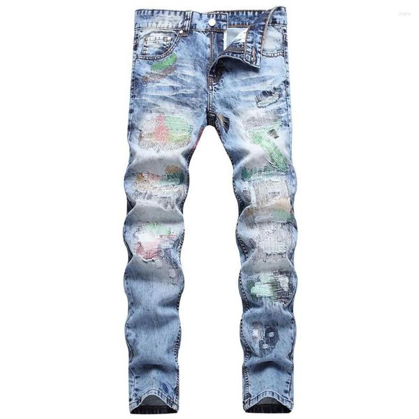 Jeans pour hommes hommes patchwork denim fils colorés trous de broderie déchiré pantalon en détresse pantalon droit mince