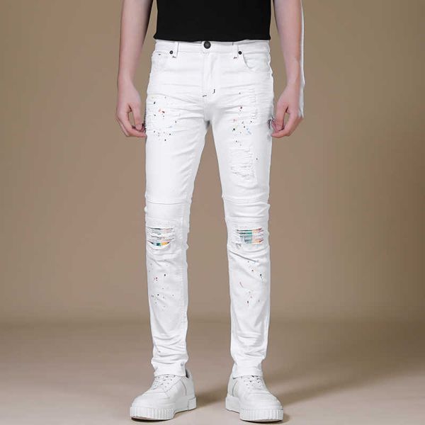 Jeans pour hommes Hommes Patchwork Ripped Blanc Mode Peinture Impression Slim Taper Denim Pantalon Hip Hop Tendance Jeunes Pantalons Streetwear 220923