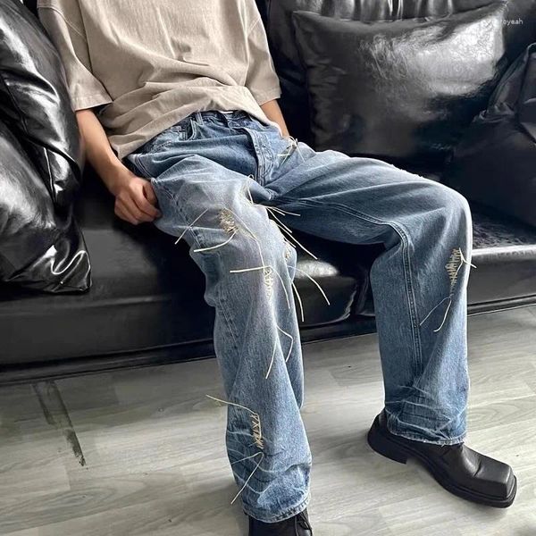 Jeans pour hommes Hommes Fil en plastique Tissage Distressed Baggy Lt Blue Jean