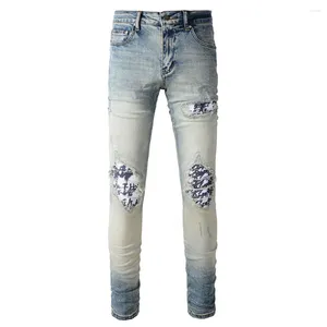 Jeans pour hommes hommes plissés Patch High Stretch Denim Streetwear Vintage Blue Skinny Skinny Biker Pant