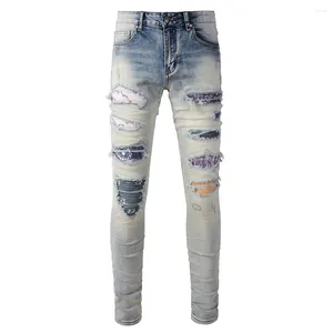 Jeans pour hommes hommes plissés patch haut stretch streetwear streetwear skinny pantalon effilé trous