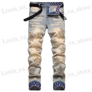 Jeans masculins hommes plissés étoiles patch denim jeans Strtwear imprimé Hem Slim Straight Pantal