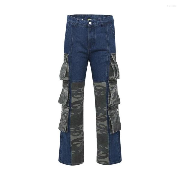 Jeans pour hommes hommes poche Camouflage épissure extérieur décontracté Denim Cargo pantalon homme haute rue mode Hip Hop moto pantalon