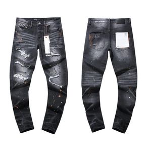 Jeans pour hommes impriment la mode Couleur de contraste épissé pantalon denim extensible peint pantalon droit mince noir