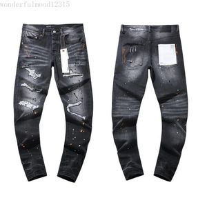 Jeans pour hommes impriment la mode Couleur de contraste épissé pantalon denim extensible peint pantalon droit mince noir