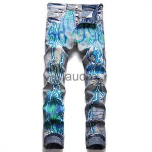 Jeans pour hommes Jeans imprimés pour hommes Lettres Streetwear Lightning Painted Stretch Denim Pants Vintage Blue Ripped Buttons Fly Slim Tapered Pantalon J230626