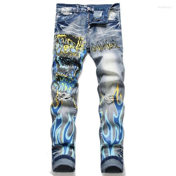 Jeans para hombres Hombres Imprimir Tie Teñido Streetwear Punk Estilo Agujero rasgado Y2K Pantalones de mezclilla Hip Hop Harajuku Pantalones azules