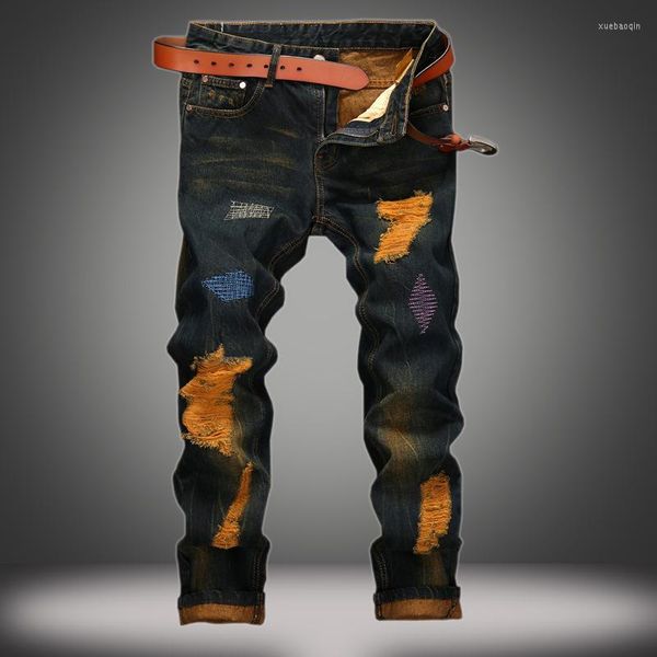 Hommes Jeans Hommes Punk Denim Brodé Déchiré Maigre Coloré Pantalon Homme Classique Trou Rap Hip Hop Designer Jean Pantalon