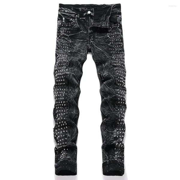Jeans pour hommes hommes punk rivet noir denim streetwear slim pantalon stretch droit pantalon épissé