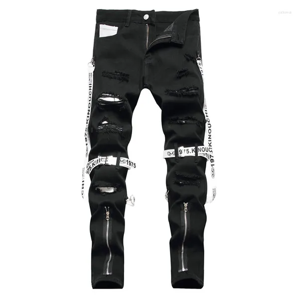 Jeans para hombres Hombres punk cremalleras negras de moda agujeros de calles de moda