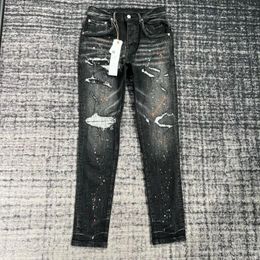 Jeans pour hommes hommes peintures drip aléatoires réparations en détresse skinny lavage noir