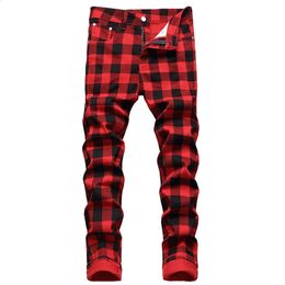 Pantalones vaqueros para hombre, pantalones con estampado de cuadros rojos, pantalones vaqueros elásticos ajustados a la moda, pantalones rectos de talla grande a la moda 231109