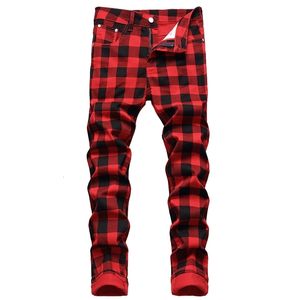 Jeans masculin pantalon imprimé à plaid rouge mode jeans stretch slim à la mode plus pantalon droit de taille 230301
