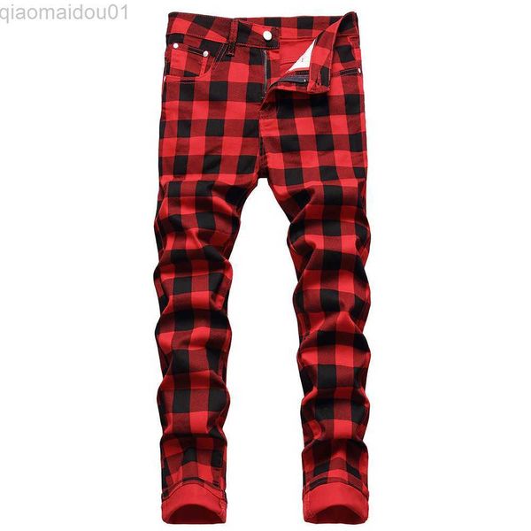 Jeans pour hommes hommes rouge Plaid imprimé pantalon mode Slim Stretch Jeans à la mode grande taille pantalon droit L230724