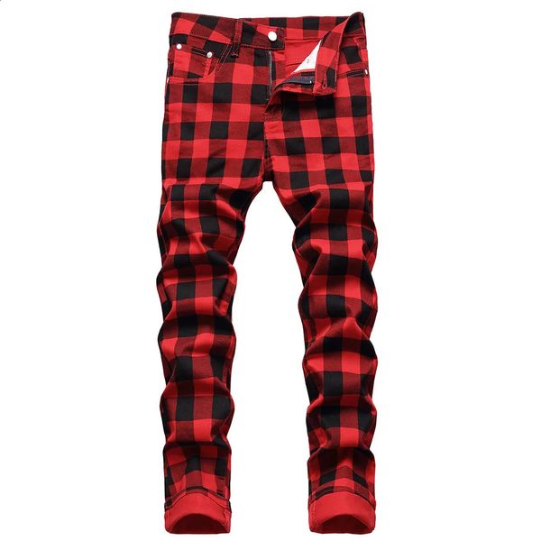 Jeans pour hommes Hommes Pantalon imprimé à carreaux rouges Mode Slim Stretch Jeans Tendance Plus Taille Pantalon droit 231109