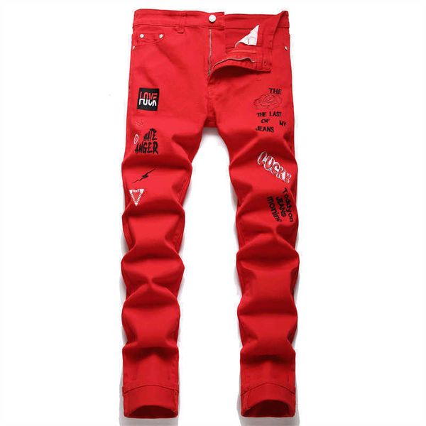 Jeans pour hommes Hommes Rouge Stretch Denim Jeans Rose Fleur Broderie Slim Pantalon Y2K Lettres Brodées Pantalons Longs T221102