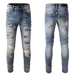 Jeans para hombres Hombres retro azul elástico fit delgado destruido diseñadores de parche de cuentas rasgadas pantalones de hip hop pantalones