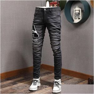 Heren Jeans Heren Retro Jeans Street Style Mode Zwart Grijs Elastisch Slim Fit Gescheurd Es Designer Hip Hop Denim Hole Drop Delivery Appa Dh5Nc