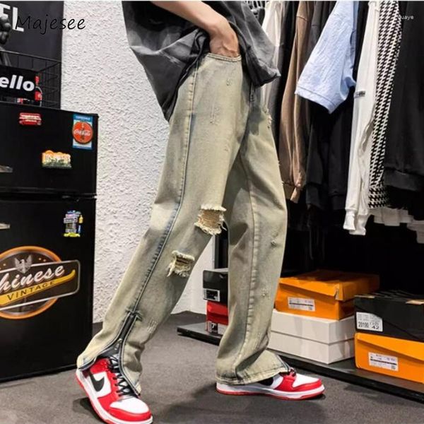 Jeans para hombres Hombres Retro Simple Moda Ripped Primavera Otoño Cremallera lateral Vintage Estilo americano High Street Oversize Guapo Unisex