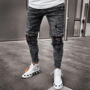 Jeans masculin pour hommes rétro-neige lavage en détresse extension du motard déchiré hip hop trou slim fit punk denim pantalones hombre zipper joggers